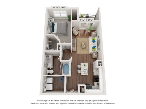 Floor plan for 1 bed, 1 bath, 853 sqft